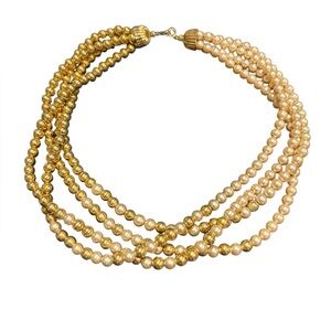 Trifari Vintage Necklace 17½" L Choker 4-Strand Pearl & Gold Tone Beads JB5